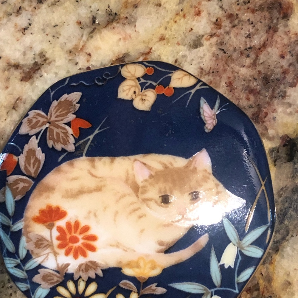Decorative Cathy  Blue Ceramic Cat Trinket Box  with Floral Motif